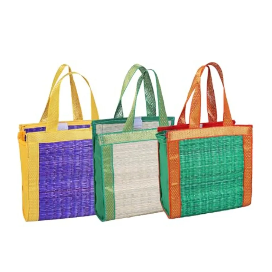 

generic Handwoven Korai Mat Bag - Eco-Friendly Dry Grass and River Grass Basket Pack Of 5 Medium