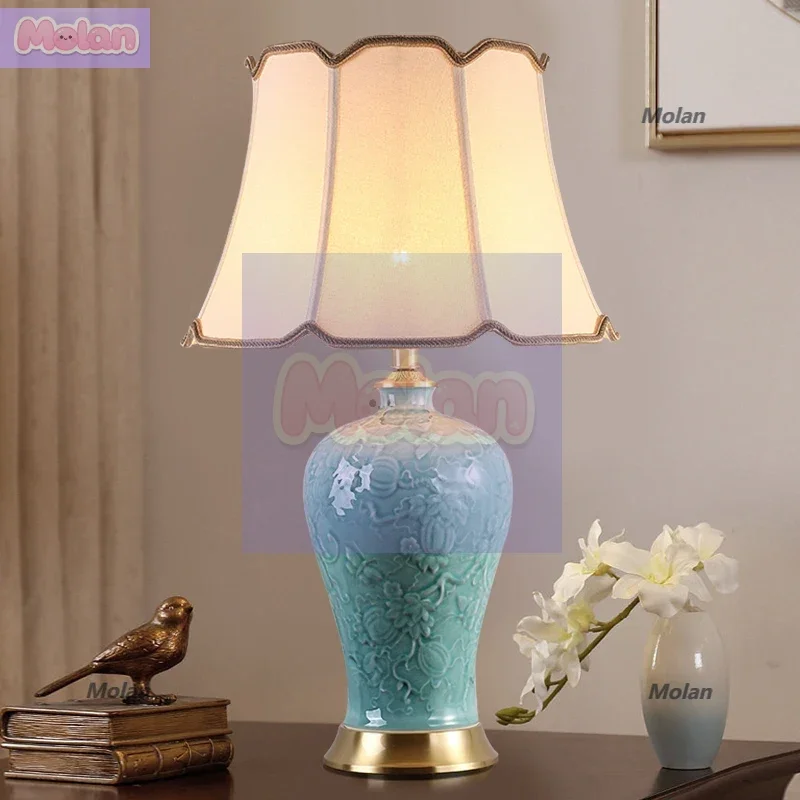 

New desk lamp, bedroom bedside lamp, new Chinese-style living room sofa desk lamp, Jingdezhen relief ceramic American desk lamp