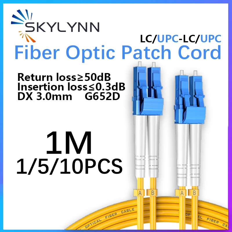 1M LC/UPC-LC/UPC Fiber Optic Jumper DX 3.0mm Single Mode G652D Optical Fiber Patch Cord Yellow LSZH Jacket  1PCS/5PCS/10PCS