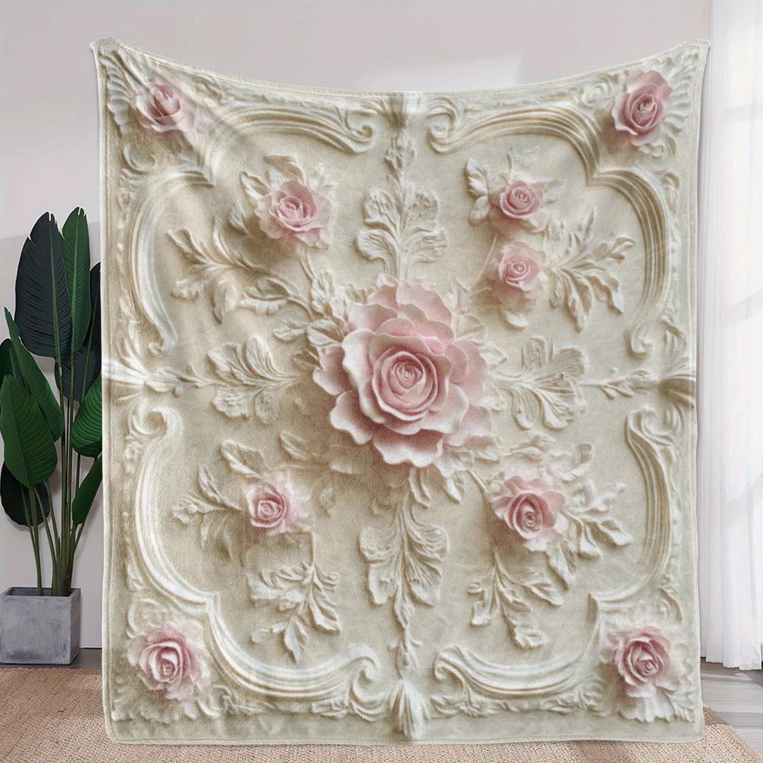 Luxury All-Season Flannel Blanket Embossed Rose Floral Print,Ultra Soft & Versatile for Sofa/Bed/Car/Travel Pink Roses on White