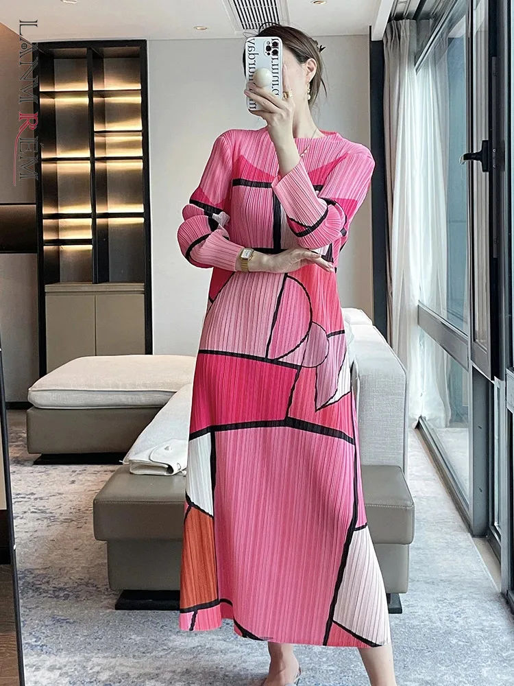 LANMREM Geometric Pattern Printed Long Dress with Sleeves Women O-neck Slim Fit Color Block Elegant Dresses 2024 Clothing 2Z1215