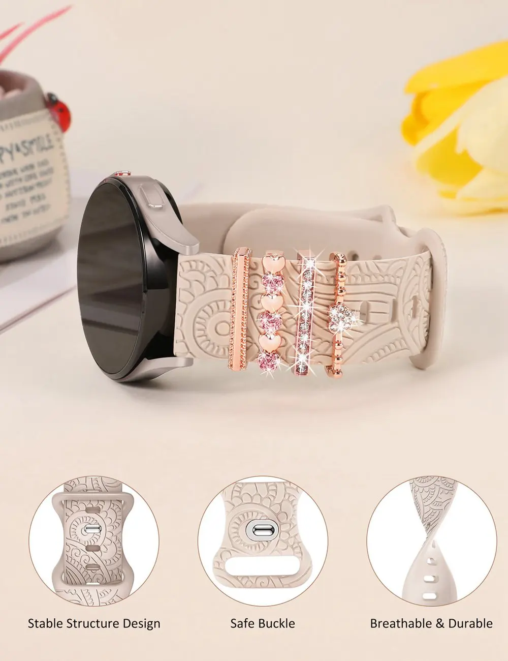 Wearlizer Floral Engraved Band with Decorative Charms for Samsung Galaxy Watch 7/6/5/4 40mm 44mm 20mm Silicone Band for Women