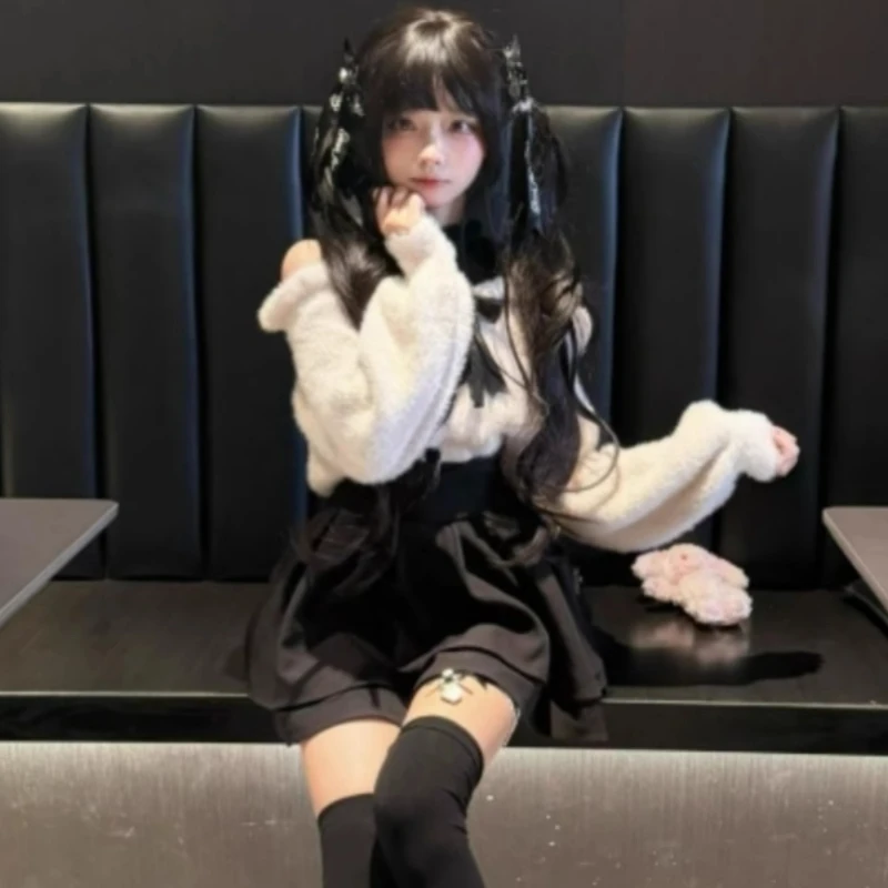 Japanese Preppy Style Lolita Sweet 2 Piece Sets Women Plush Knitted Bow Sweater Gothic Pleated Skirt Korean Fashion Y2k JK Suits