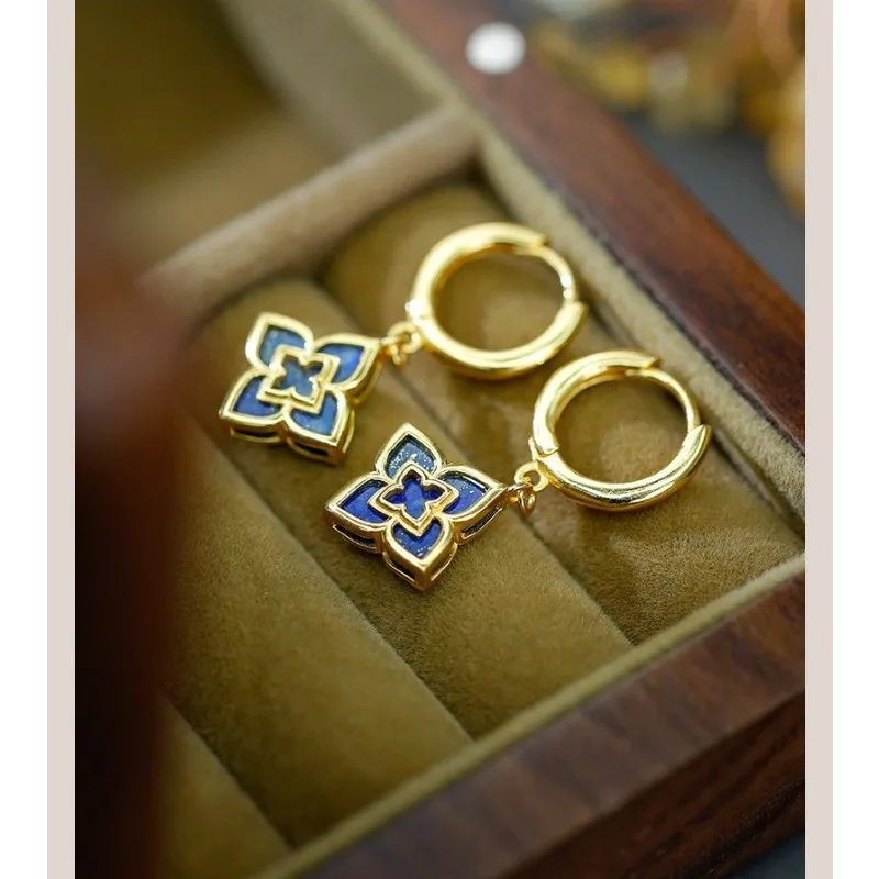 

Shining U S925 Silver Lapis Lazuli Clover Earrings for Women Fine Jewelry New Chinese Style Summer May Delivery