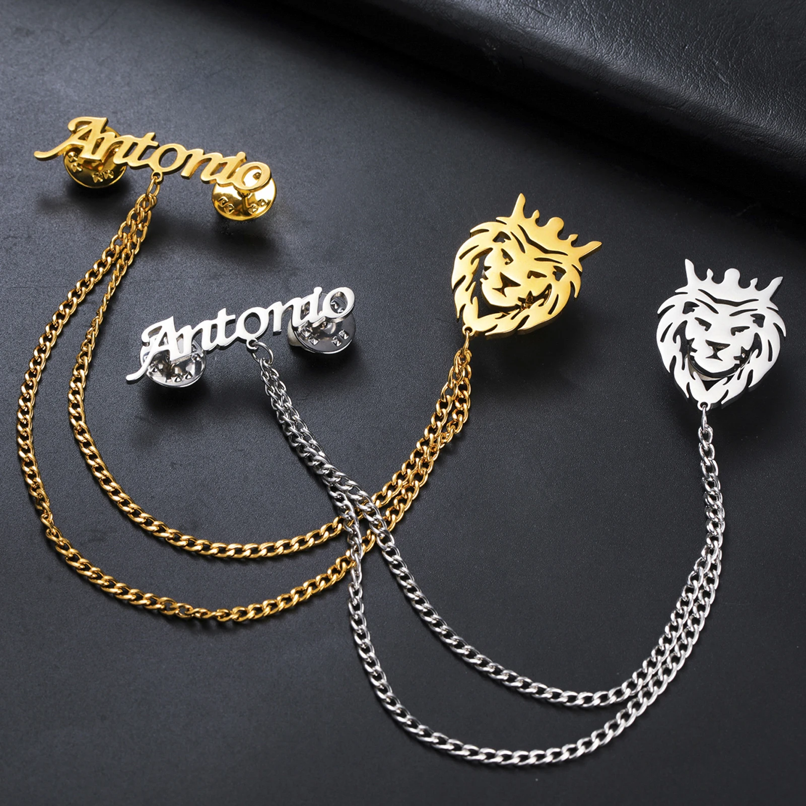 

Lemegeton Customized Name Brooch Lion Chain Pin Stainless Steel Jewelry Men Women Badge Personalized Accessories Suit Trend Gift