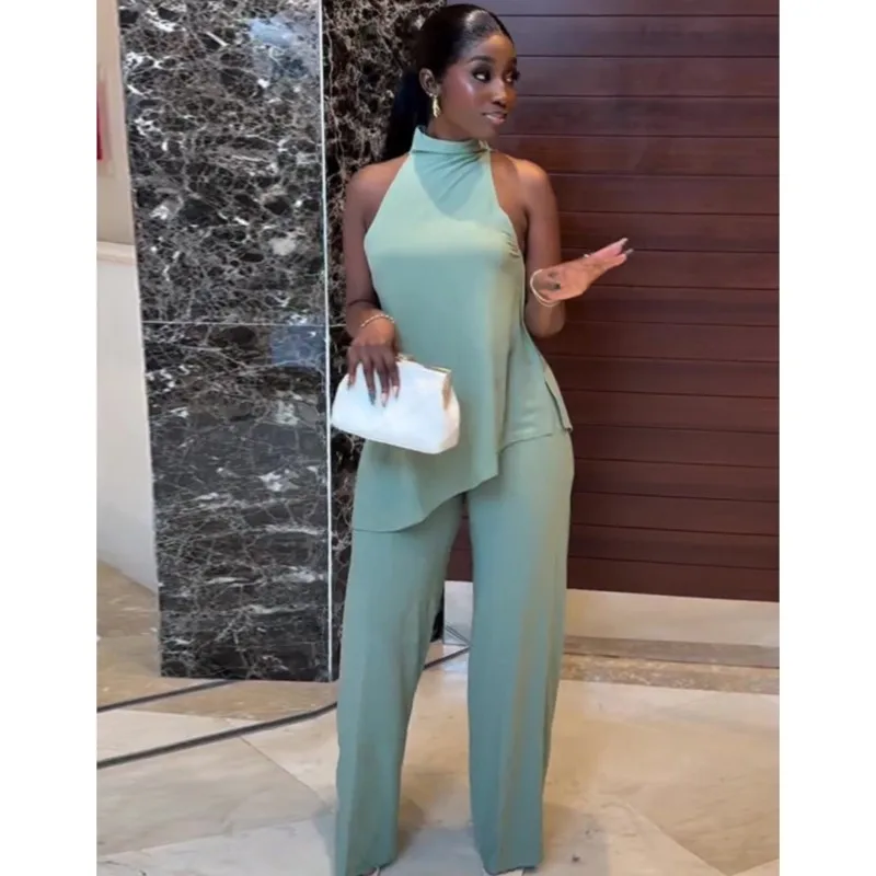 Casual Fashion Two Piece Sets Women Summer Off The Shoulder Sleeveless Fresh And Street Camisole Vest Wide Leg Long Pants Suit