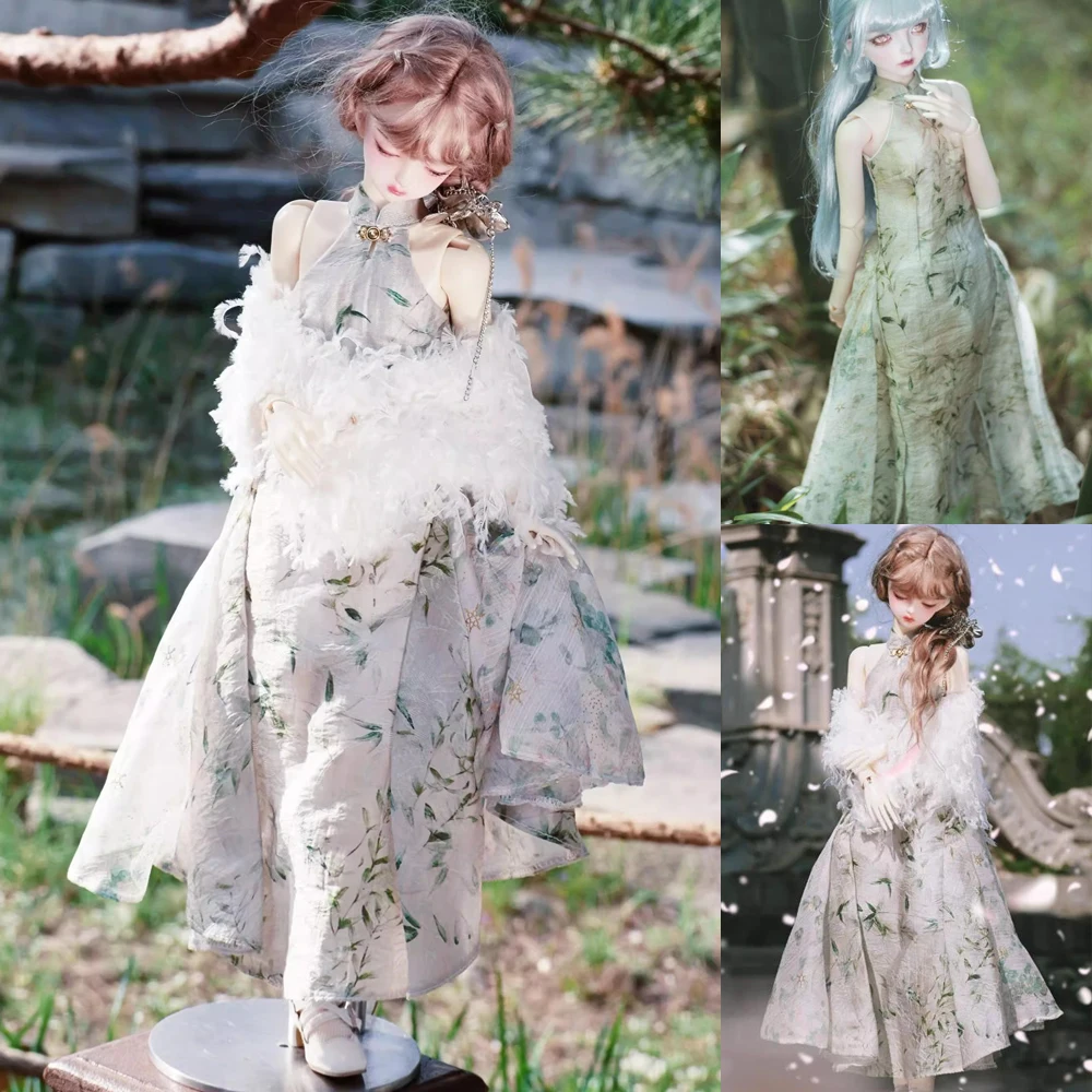 

D09-P171 children handmade toy 1/3 1/4 MDD MSD BJD Doll Retro cheongsam skirt feather shawl 2pcs/set