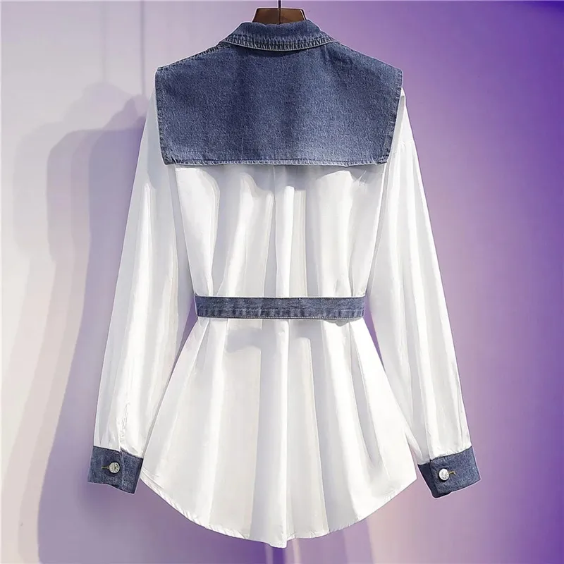 Fashion Design Spliced Denim Shirt Female Spring Summer Autumn 2024 New Women's Top American Retro Denim Jacket With Belt