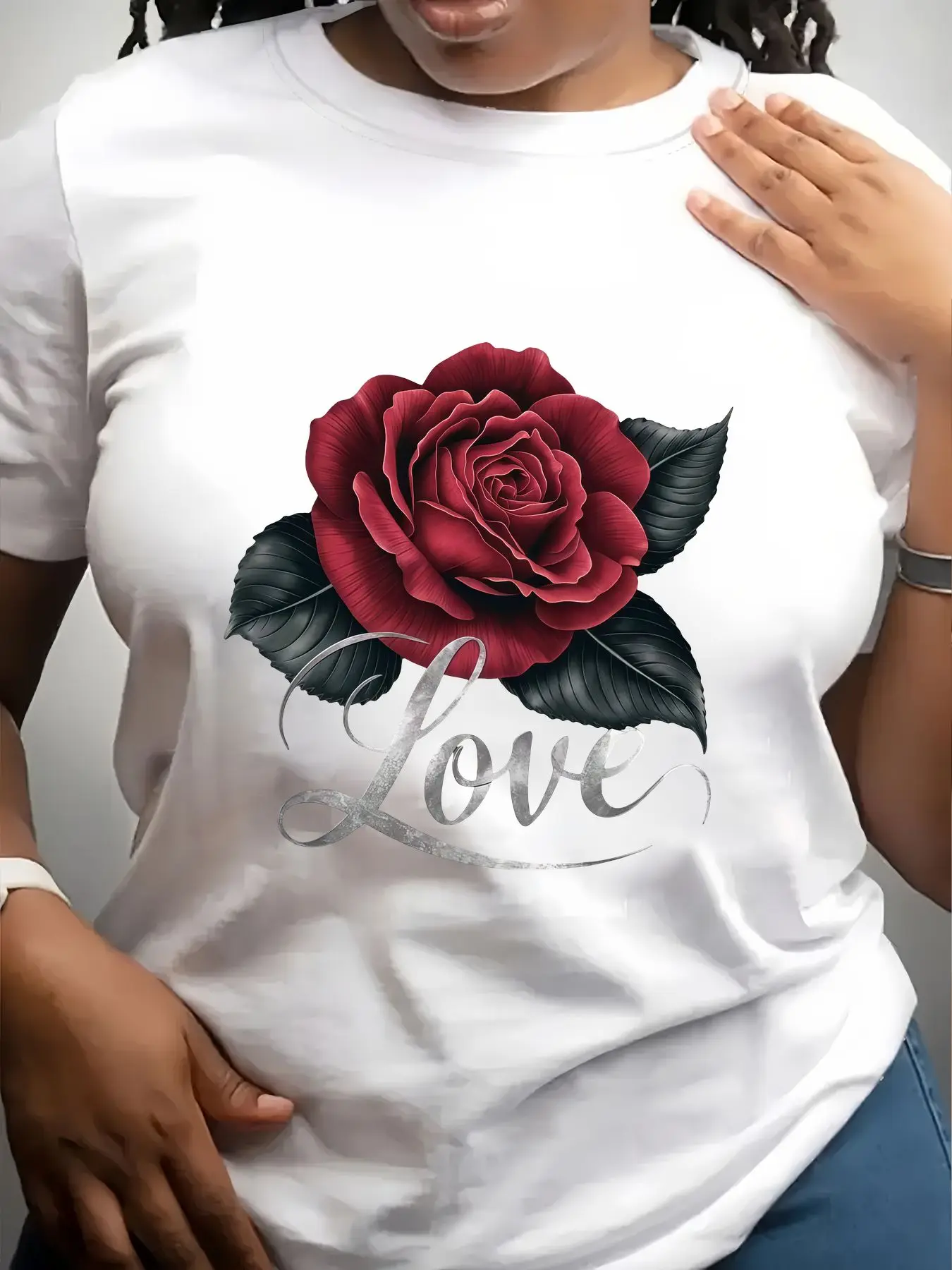 Women's Trendy Crew Neck T-Shirt Red Rose Love Script Print Suitable for Casual Sportswear