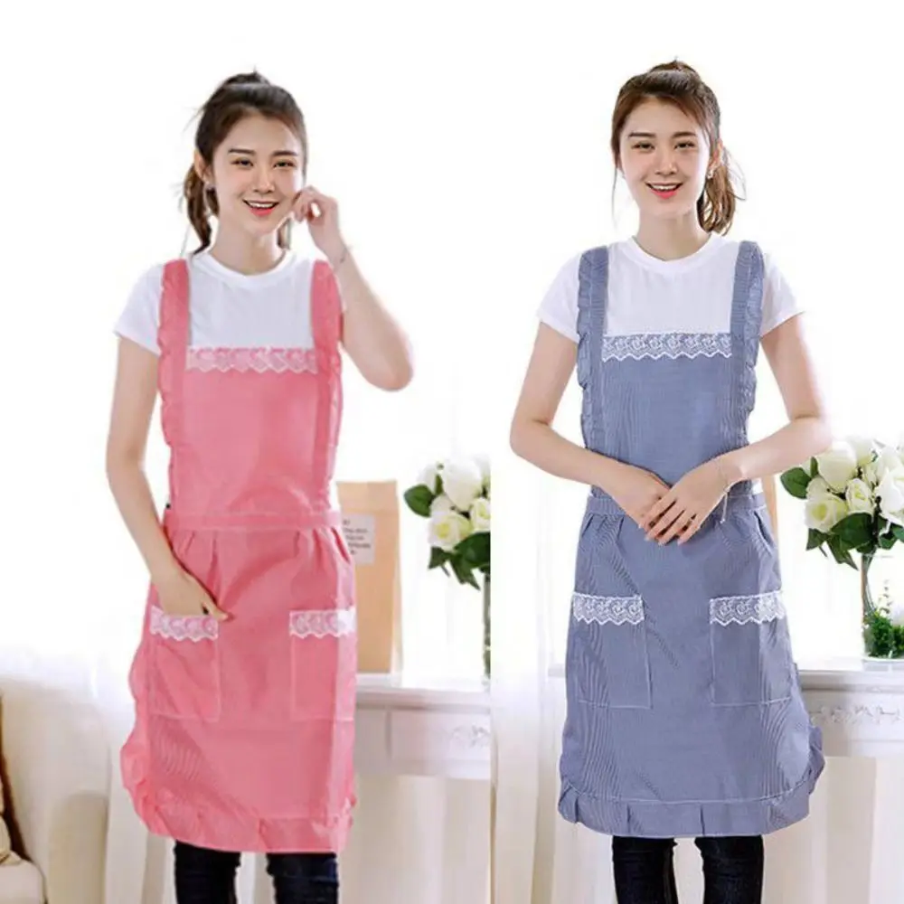 Pink Adjustable Ladies Cooking Lace Kitchen Work Clothes Apron with Pockets Princess Skirt