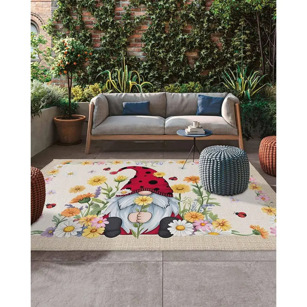 

Patio Outdoor Rug with Summer Daisy, Ladybug, and Gnome Design - Non-Slip, Absorbent Floor Mat for Deck, Backyard, Porch Decor