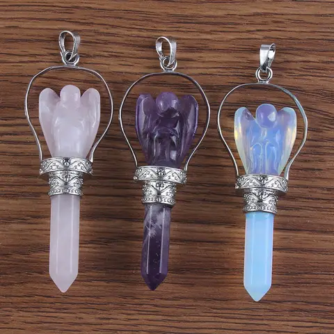 Crystal Angel Pendant Pendulums For Dowsing Divination Natural Healing Amethyst Rose Quartz Hexagonal Stone Pendulum Pendants