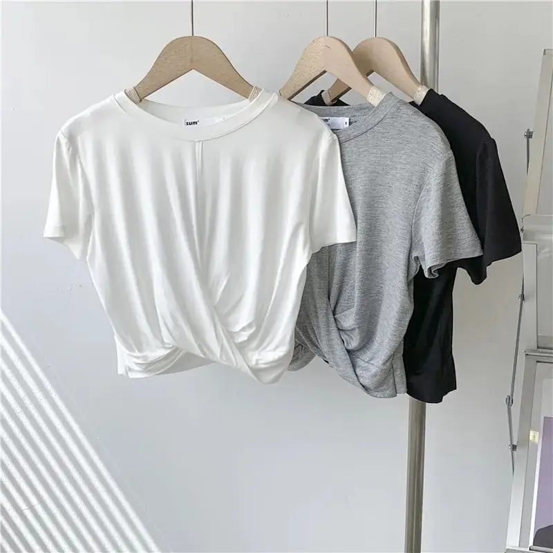 Slimming Effect Modal T-Shirt Women's Knot Short Sleeve Thin Pure Color Top Korean Style Commute Folded Short Length T-Shirt