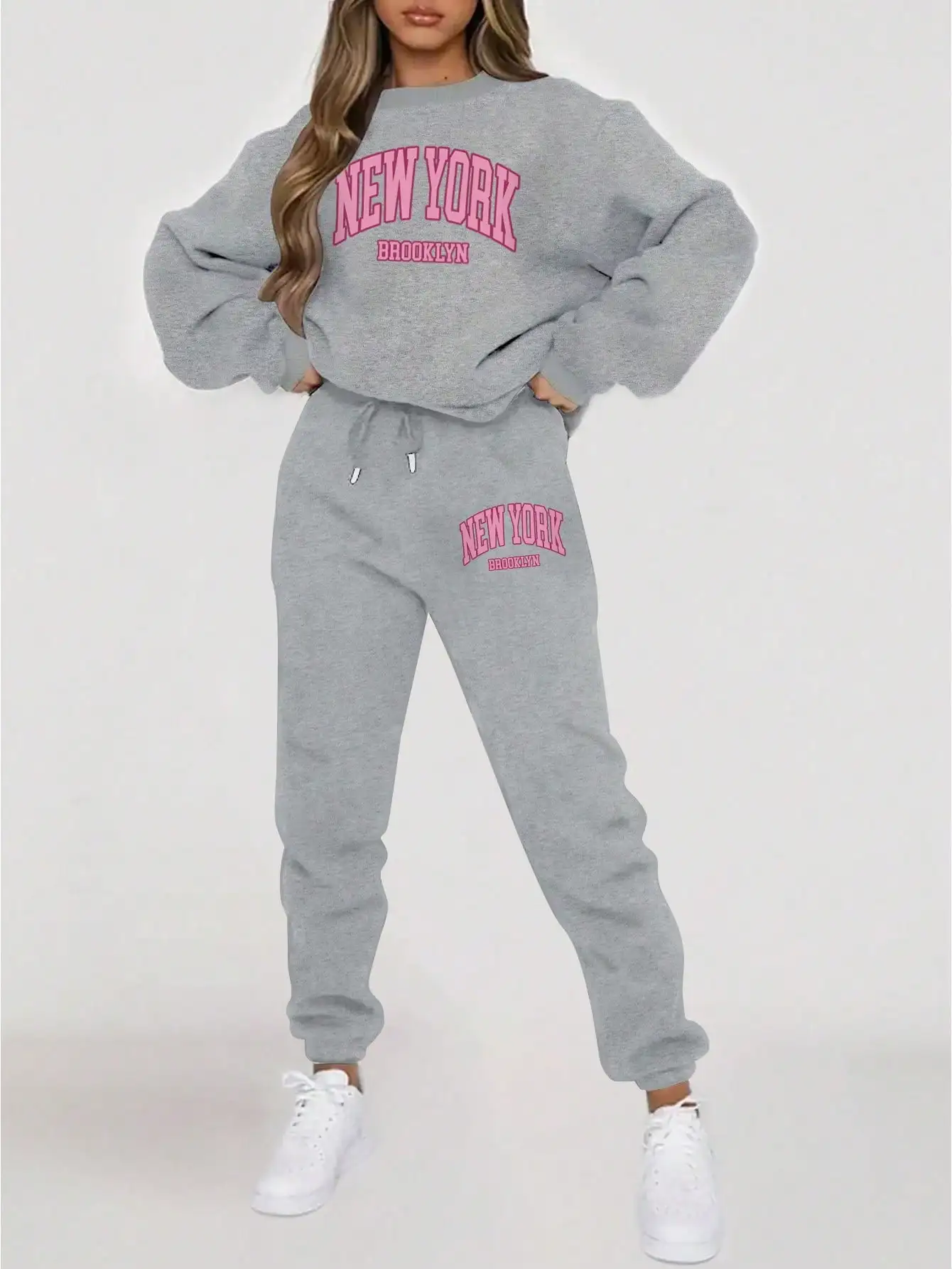 

Women's New York Brooklyn Letter Print Fleece Sweatshirt & Jogger Pants Set - Gray Casual Lounge Wear