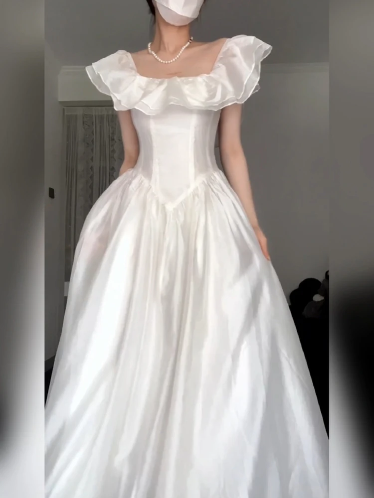 

White Lace Hem Materni Summer Dr Slimming Long Skirt Casual Sle Polyester Fiber Bal A-Line Gown for Women