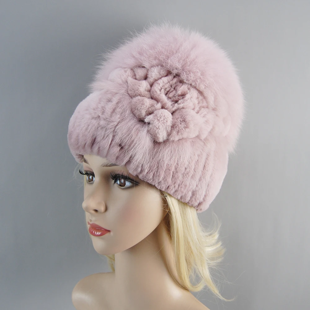 Sombrero de piel de conejo Rex para mujer, gorro cálido de punto, cosido a mano, Floral, elegante, frío, peludo, Natural, invierno, 2024