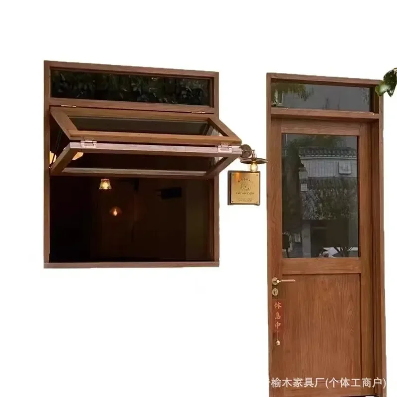 Retro Old Elm Folding Sliding Window for Cafe Dessert Shop Homestay Nostalgic Log Style Door Frame