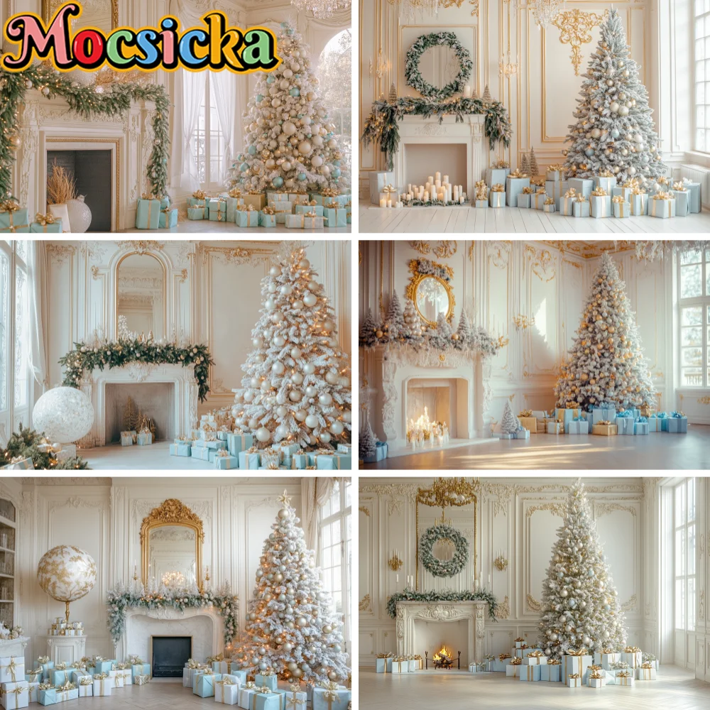 Cream Golden Palace Christmas Room Photography Backdrop White Flocked Xmas Tree Fireplace Gift Box Background Studio Decor