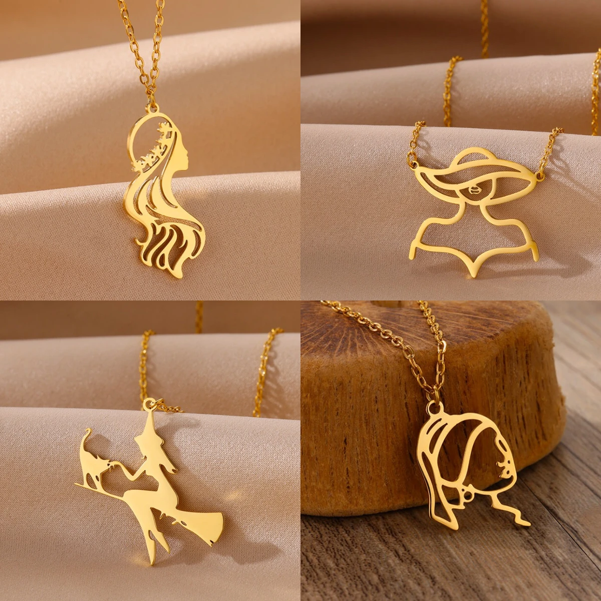 الكرتون مجردة المرأة صورة قلادة للنساء الفتيات الفولاذ المقاوم للصدأ الذهب قلادة ملونة الجمالية مجوهرات هدايا الحفلات #1
