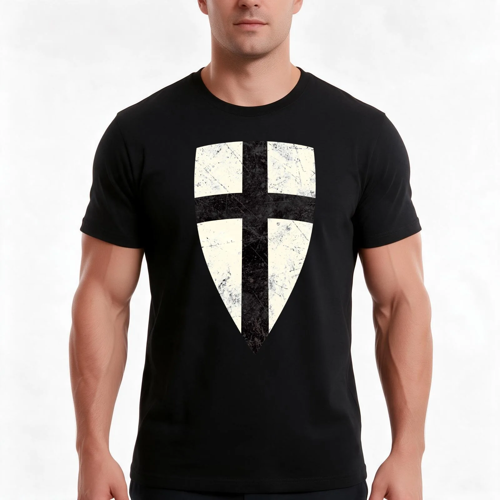 Teutonic Knights Cross Shield T-Shirt, Summer Casual Cotton Tee, Oversized Streetwear Tops, Vintage Graphic Print, 100% Cotton