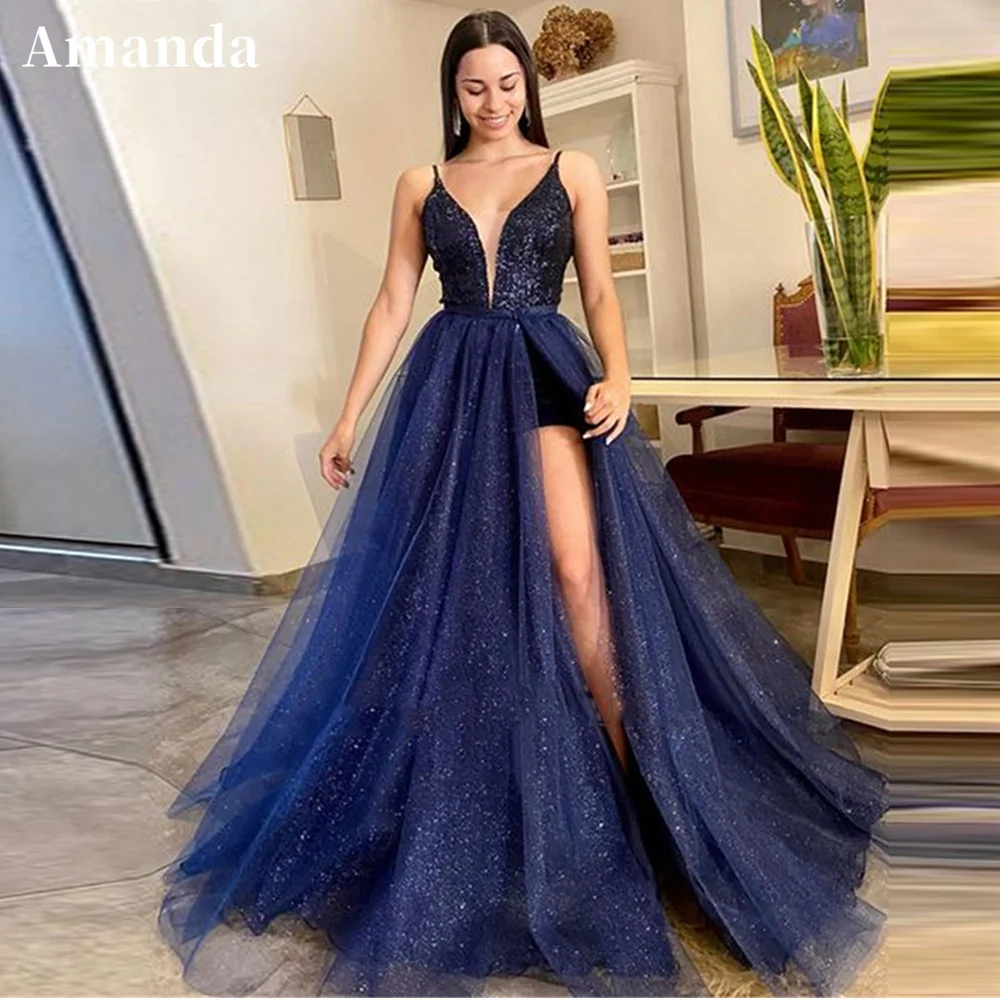 Amanda Glitter Dark Blue Prom Dress Elegant V-neck Party Dress Sexy Side Split Evening Dress Shiny Ball Gown Evening Dress