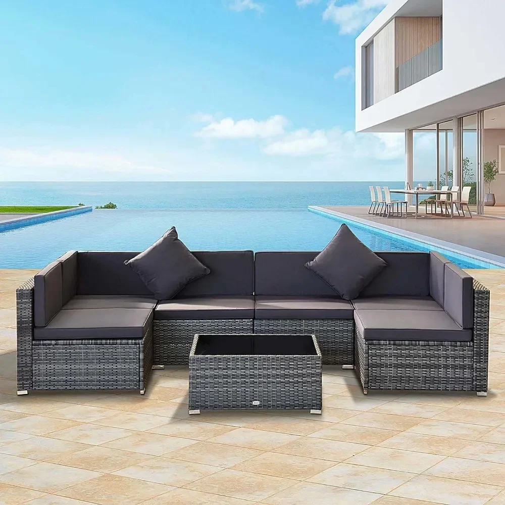 7-piece outdoor furniture set, wicker dialogue set, all-weather rattan combination set, with cushion and tempered glass tabletop