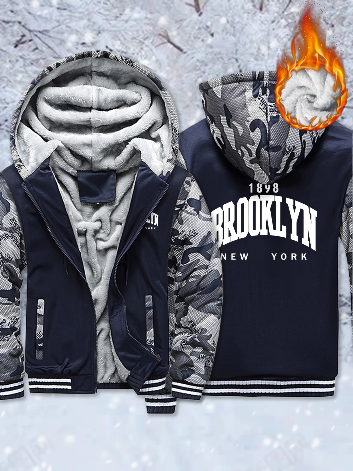 

Brooklyn New York City 1898 Printing Men Thicken Coats Winter Zipper Hoodies Fleece Camouflage Streetwear Warm Loose Jacket