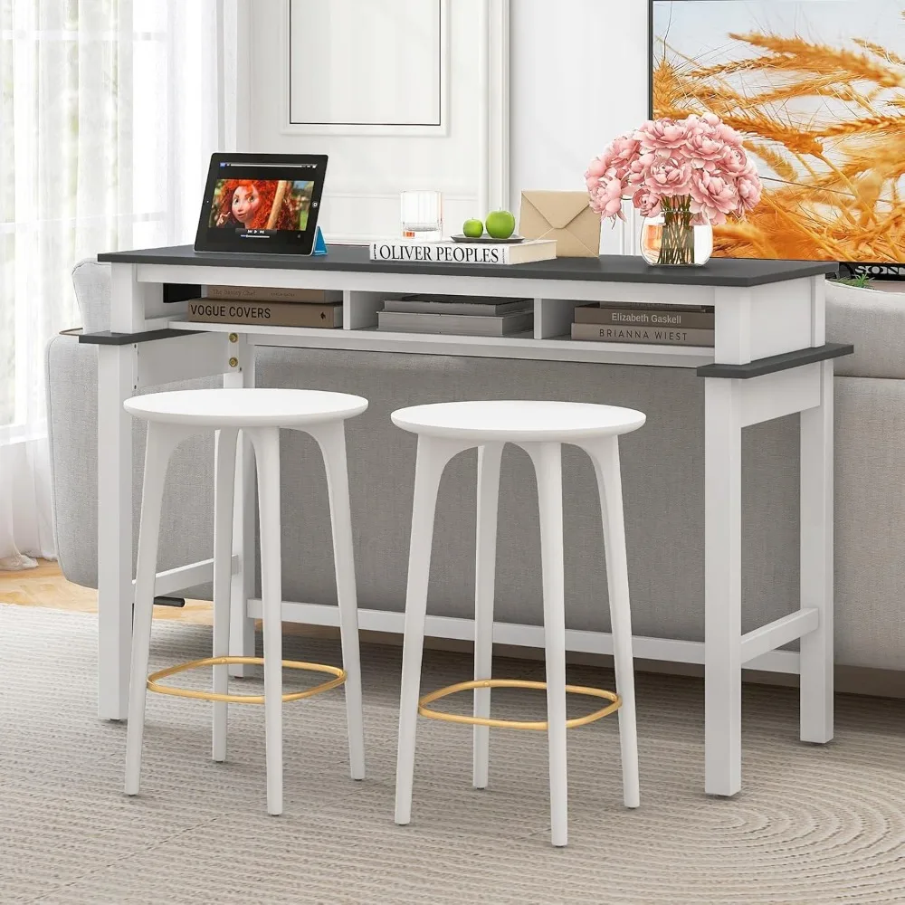 Bar Table with Charging Station, 36” Counter Height Table w/ 3 Storage Compartments, Power Outlets, Modern Farmhouse Console Ta