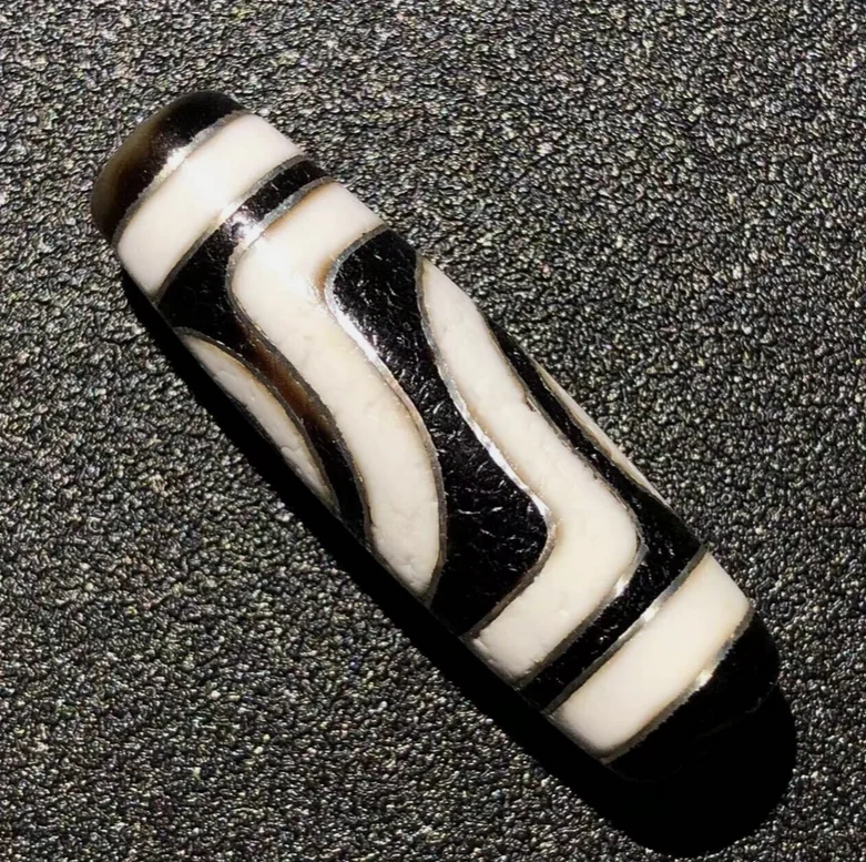 Magic Tibetan Old Agate silver Inlaid 2Eye totem dZi Bead11.5*37.5mmN004