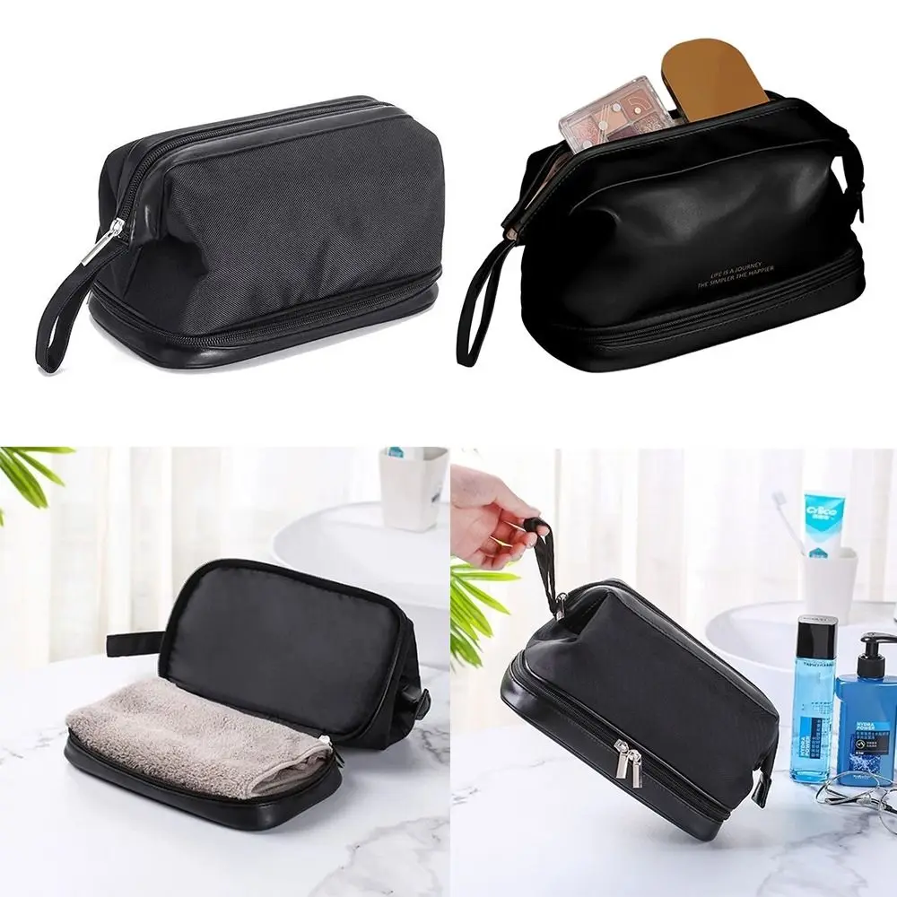 Korean Nylon PU Cosmetics Organizer Handbag Waterproof Portable Mens Toiletry Bag Black Makeup Bag Women Man