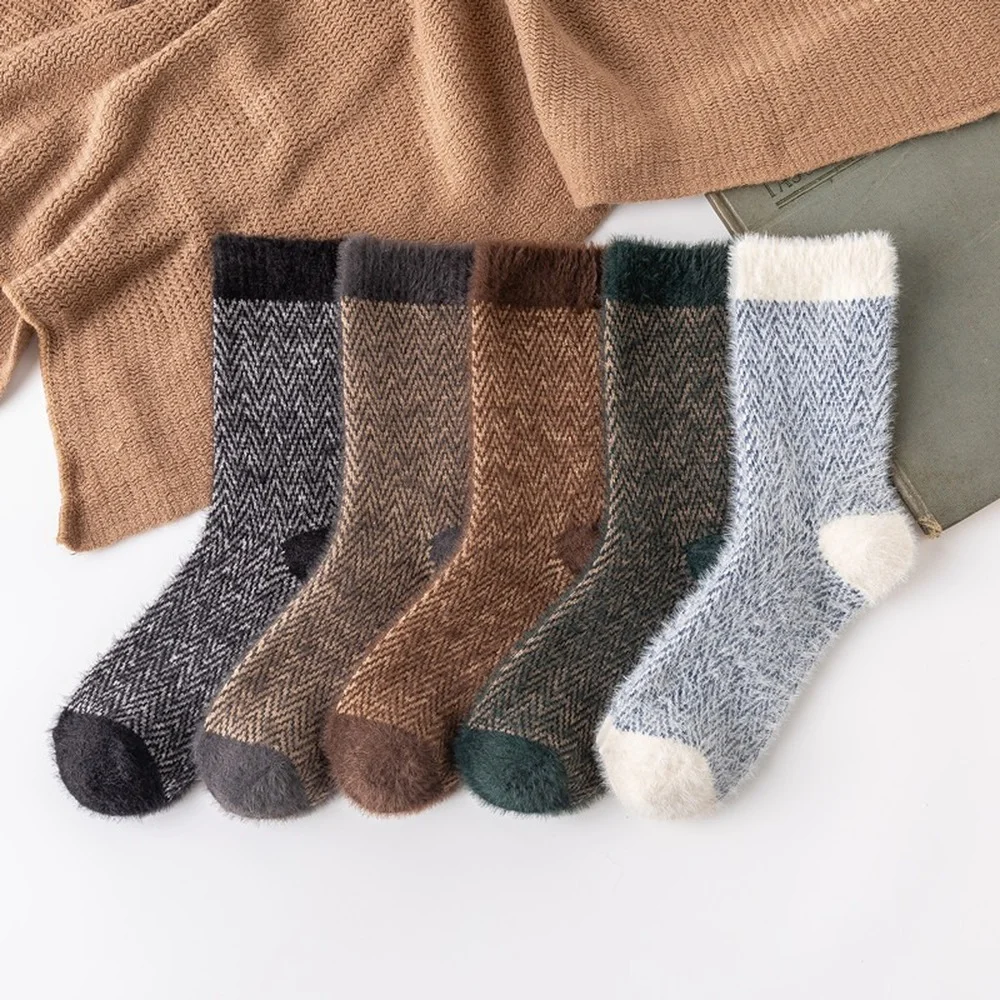 

5 Pairs 2022 New Imitation Mink Velvet Water Ripple Ethnic Wind Mid-tube Men Socks Stitching Color Thickened Warm Men Wool Socks