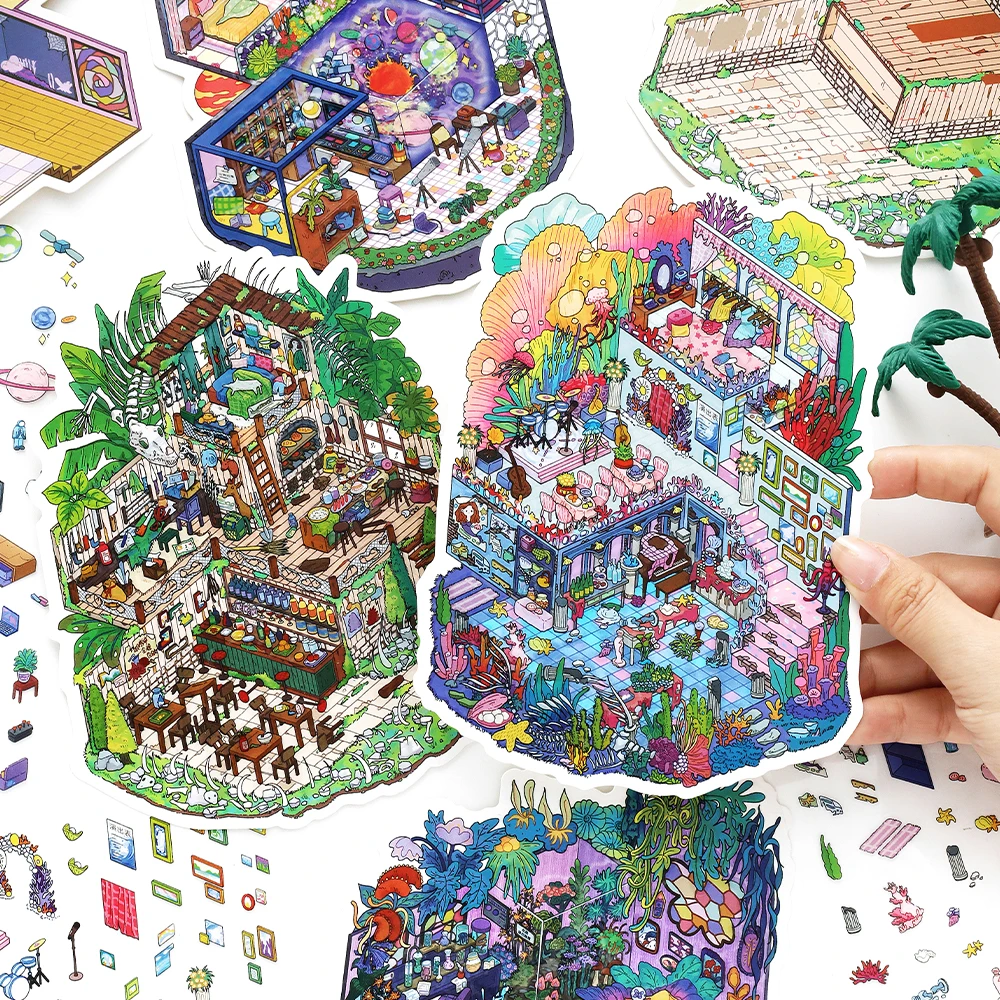 3sheets/bag 35th Series PET Sticker 2.5D Landscape Stickers for Office Cup Stationery Box Stickers Desktop Diary Decoration