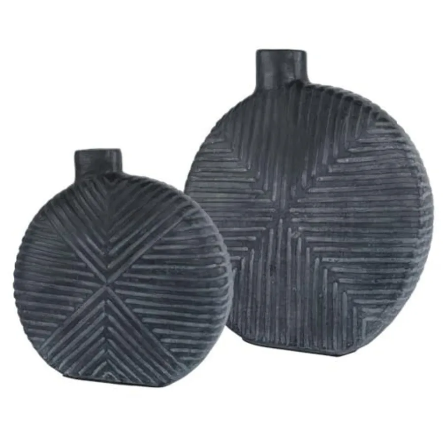 Home decor application: aged black ceramic vases set of 2 matte finish elegant vintage look with subtle texture and refined sil