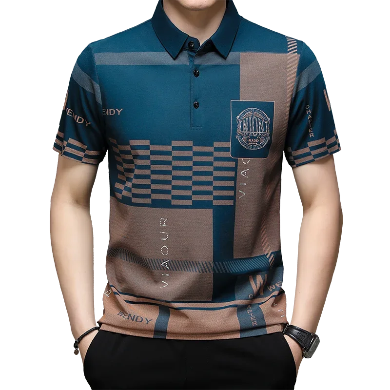 New Trend Men\'s Polo Shirt Business Casual 2024 Summer Short Sleeves Pattern Print Button T Shirt Loose Clothes Fashion Clothing