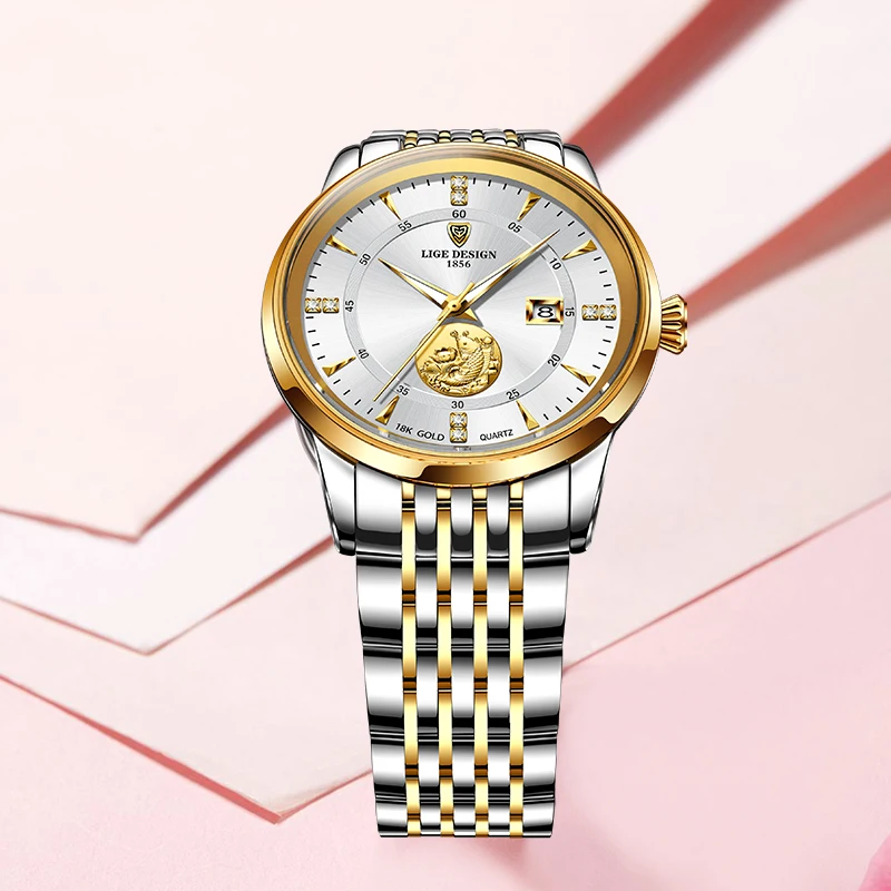 LIGE Women Watch Luxury Brand Fashion Ladies Watch Elegant Gold Steel Wristwatch Casual Female Clock Waterproof Montre Femme New