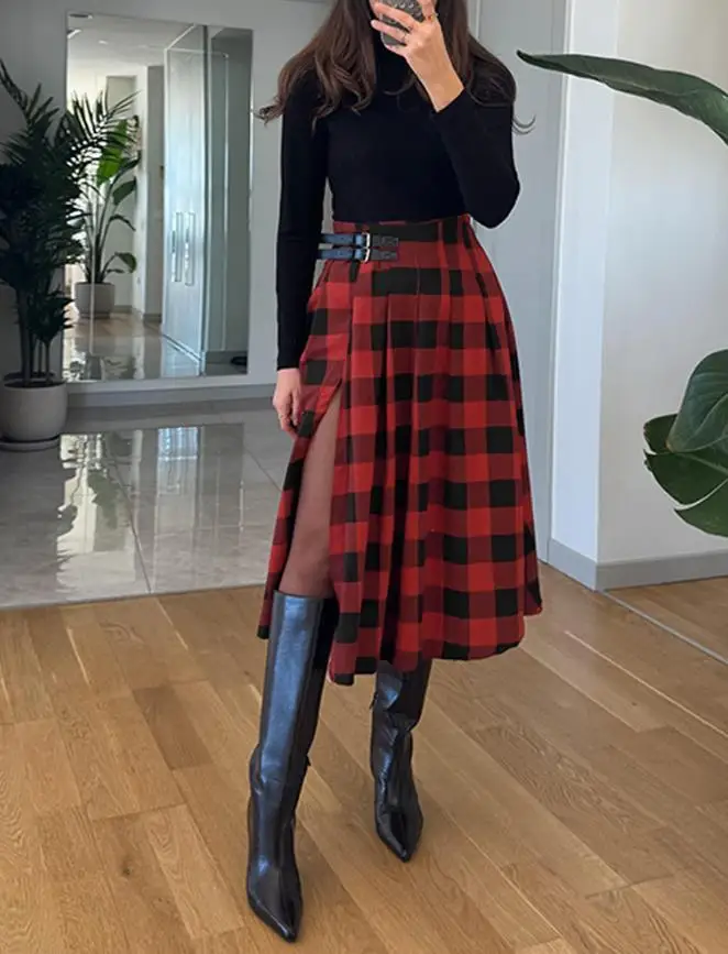

British Style Women's Skirt 2025 Elegant Sexy Plaid Print Side Slit Midi Skirt Casual Buckle A Line Pleated Skirt Elegant Skirt