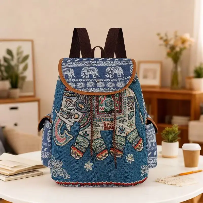 2026 New Female Ethnic Style Backpack Casual Plaid Drawstring Retro Women Large Capacity School Bag Drawstring Bucket Bag