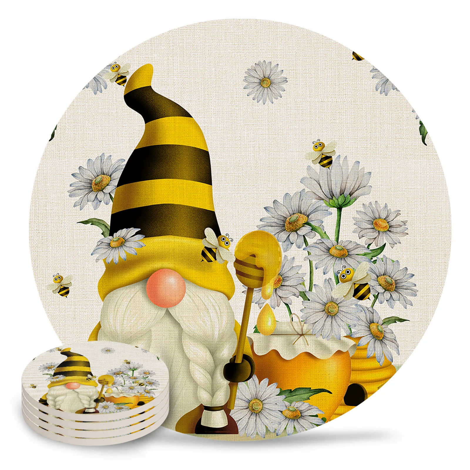 Pastoral Spring Bee Daisy Gnome Ceramic Coaster Set Kitchen Table Round Placemat Luxury Decor Coffee Tea Cup Coasters