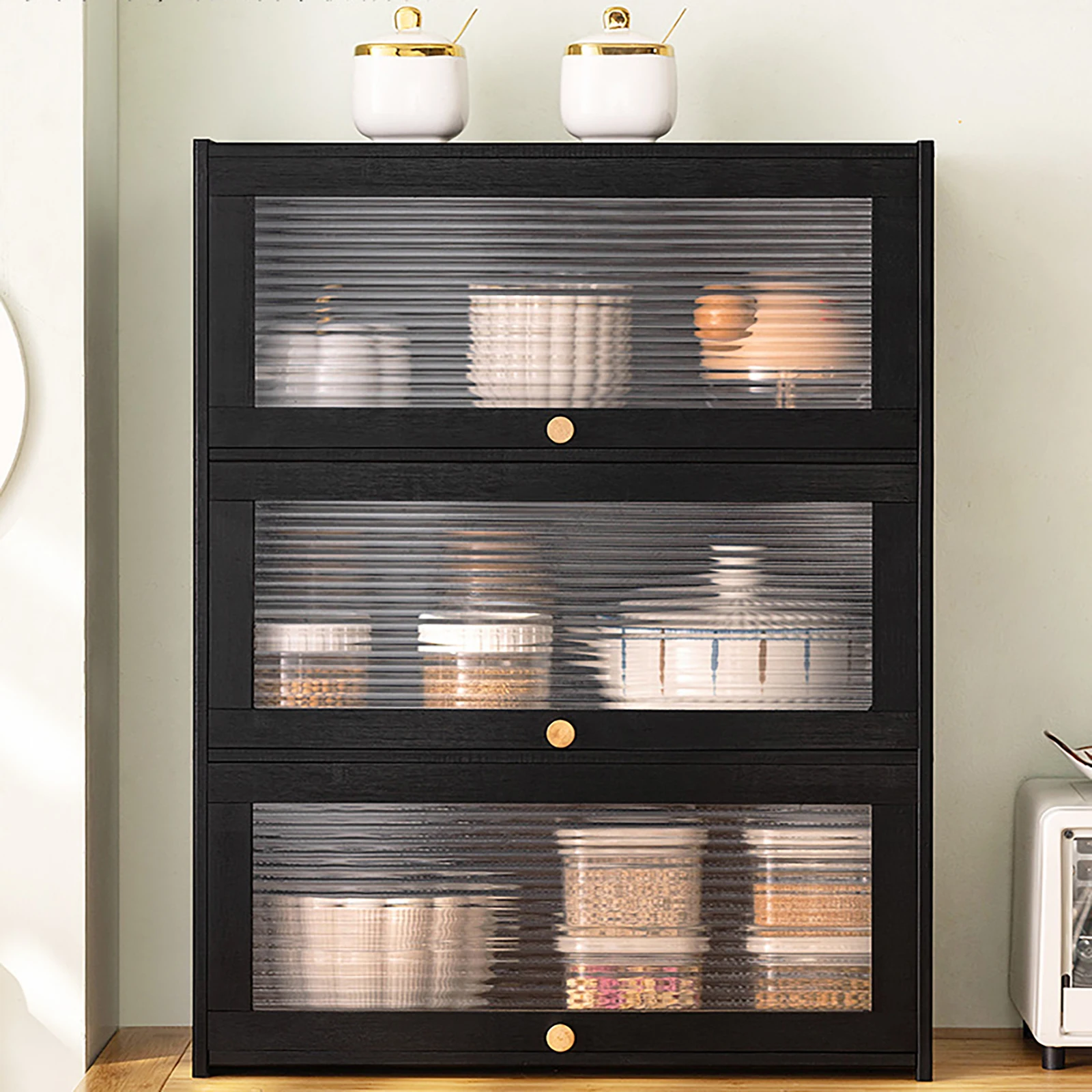 

Natural Bamboo, MDF, Wood, Acrylic Modern Freestanding Storage Cabinet, Living Room Storage Cabinet, Black Storage Cabinet