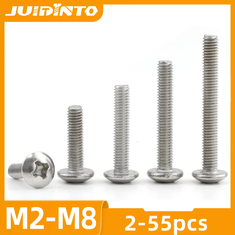 JUIDINTO 2-55pcs Truss Head Machine Screws Stainless Steel M2 M2.5 M3 M4 M5 M6 M8 Large Round Head Phillips Screw