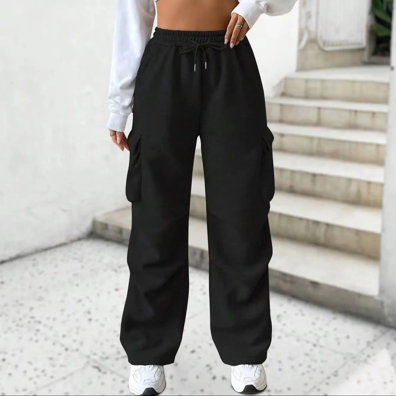 

Loose wide-leg casual pants women's design slim straight pants in autumn and winter plus velvet padded warm elastic waist drawst