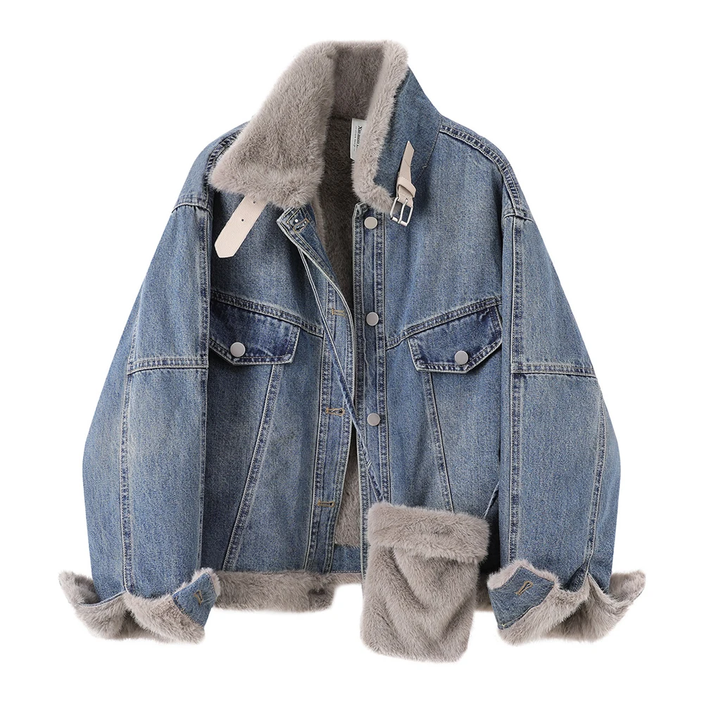 

Женская укороченная джинсовая куртка на подкладке из искусственного меха, толстое теплое джинсовое пальто свободного покроя, зимняя повседневная короткая джинсовая куртка