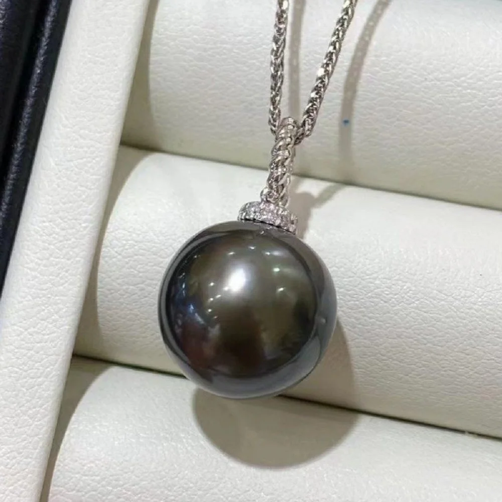 Natural Pearl Pendant AAAA9-10mm10-11mm Tahiti Circular Black Pearl Pendant 925s/18in