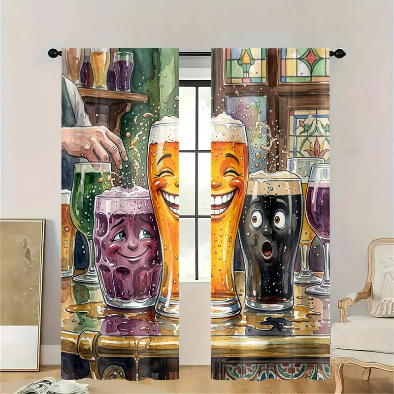 Fun Beer Face Kitchen Curtain Window Drapes Cartoon Beer Drink Celebration Decorative Kitchen Divider for Home Party Mood Decor