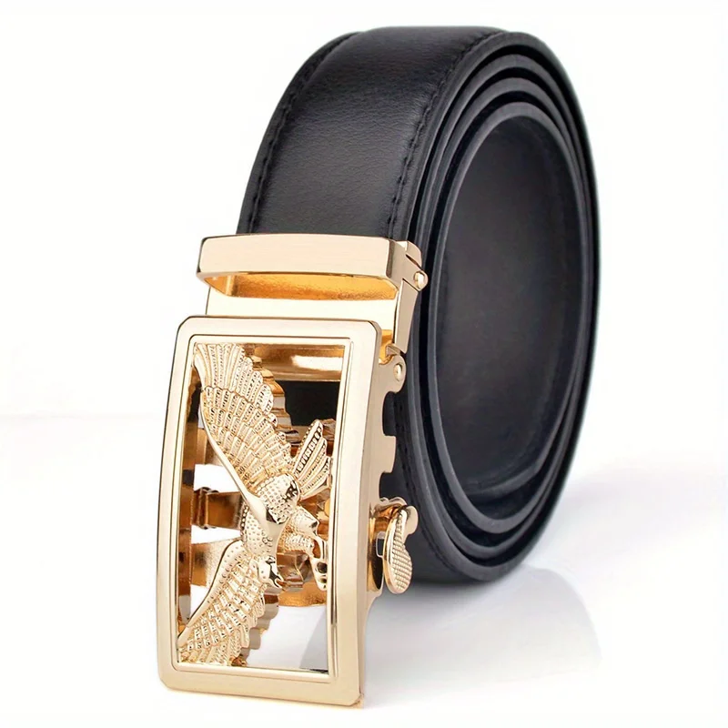 Men's Business High-quality Casual Belt Golden Gun Color Eagle Pattern Utomatic Buckle Plus Long Size 105-170cm Durable Material