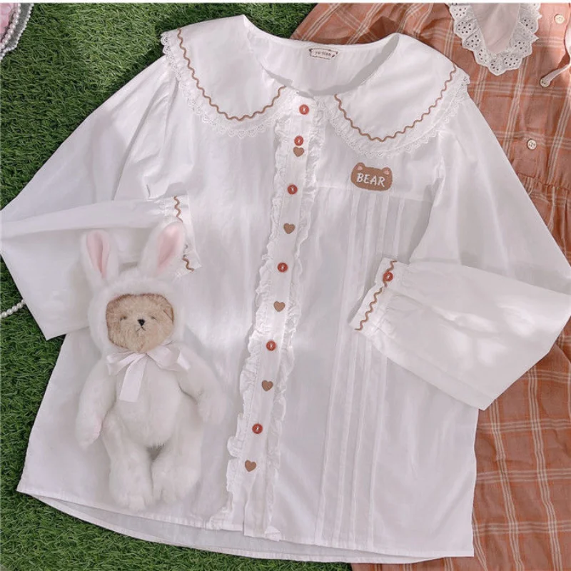 Japanese Soft Girl Sweet Lolita Blouses Cute Bear Embroidery Doll Collar Shirts Women Preppy Style Loose White Long Sleeve Tops