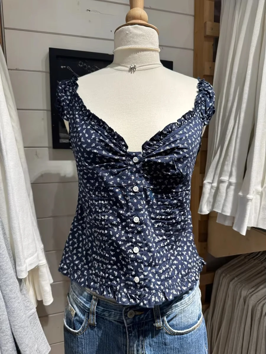 

Navy Floral Folds Ruffle Sleeveless Tank Tops Women Summer New Single Breasted Blouse Top Vest Vintage Sweet Preppy Style Camis