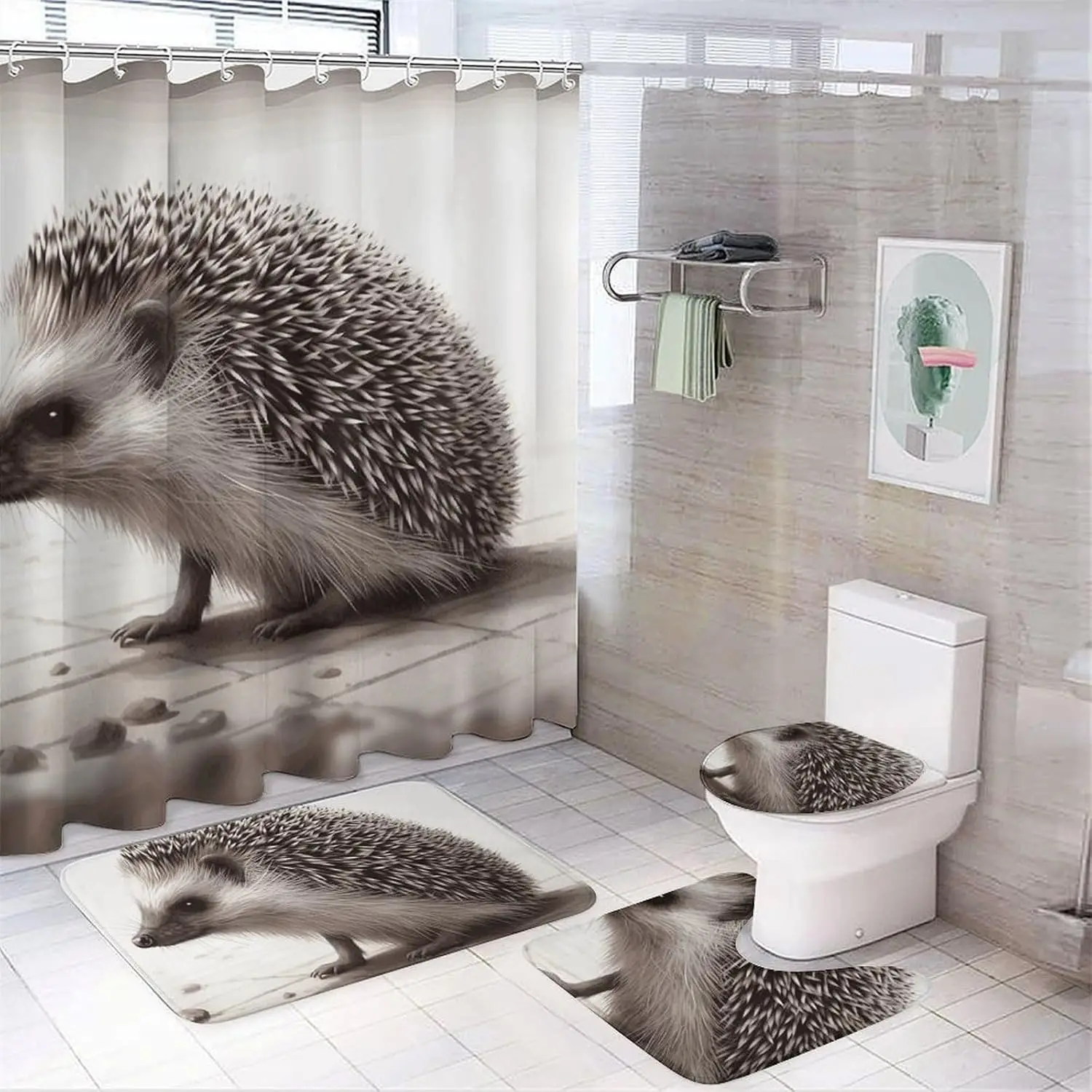 

Набор штор для душа «Ежик» из 4 предметов с нескользящими ковриками, крышкой для унитаза и ковриком для ванной Мягкий ковер для ванной Водонепроницаемая ванная комната
