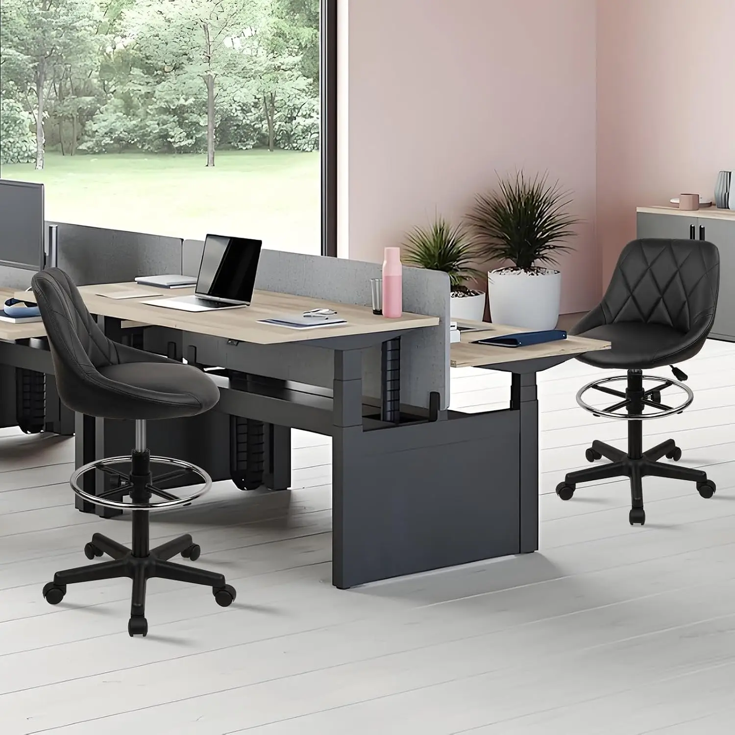 Drafting Stool w/ Backrest & Wheels Adjustable Footrest PU Leather Swivel Office Chair Kitchen Bar Black 4 Pack, Customized
