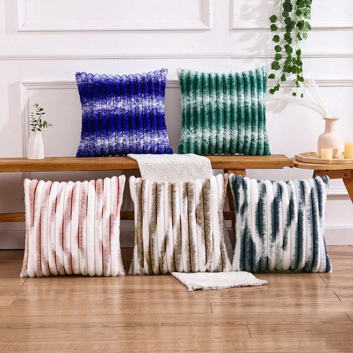 Plush Vertical Striped Tie-dyed Pillowcase Ins Style Nordic Two-color Gradient Cushion Cover Plush Tie-dyed Light Luxury Cushi